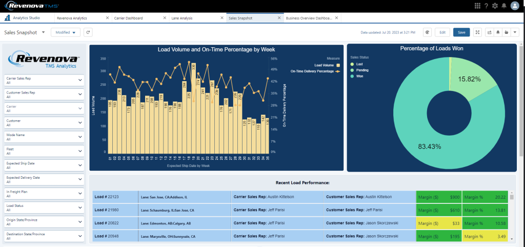 TMS Analytics Sales Snapshot dashboard