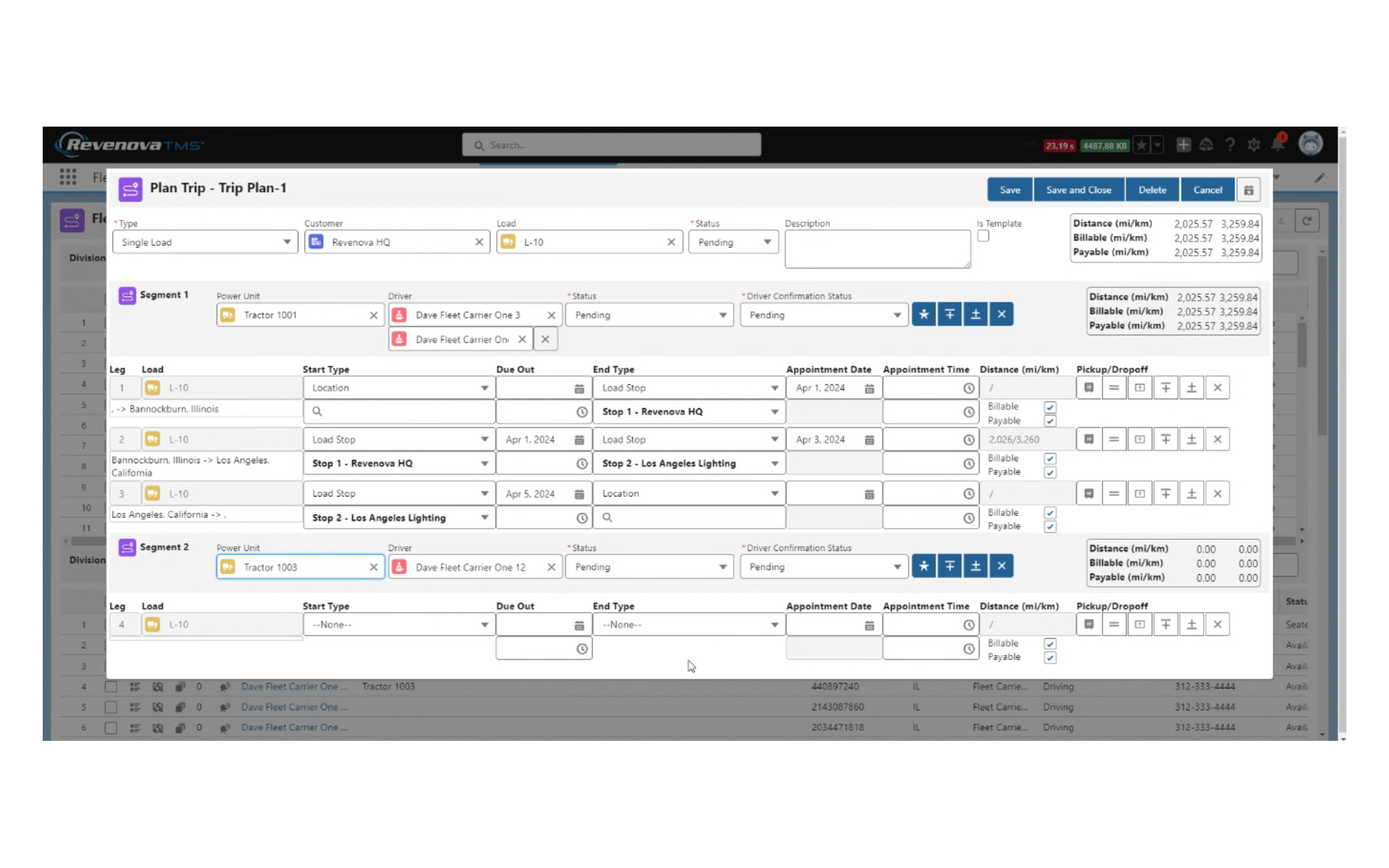 Revenova TMS Plan Trip Dashboard