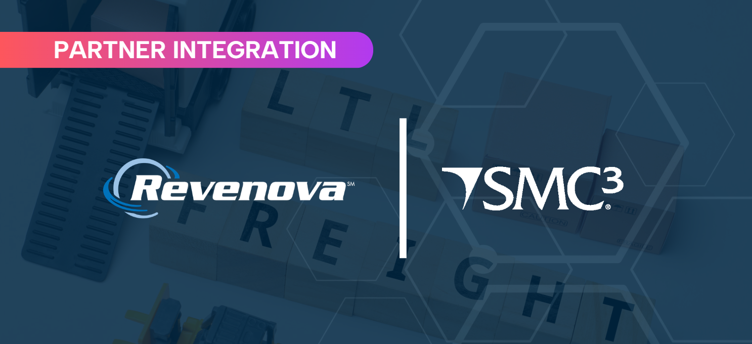 Image depicting the Revenova logo written in white with a blue globe, and the SMC3 logo written in white, with a "partner integration" banner in the upper left 1/3